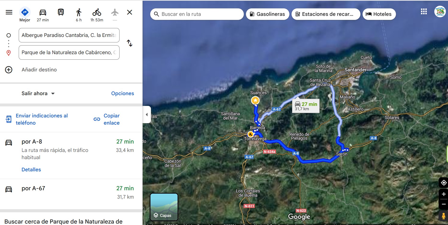 Mapa de Cantabria con ruta del Hostel Albergue Paradiso al Parque de Cabárceno